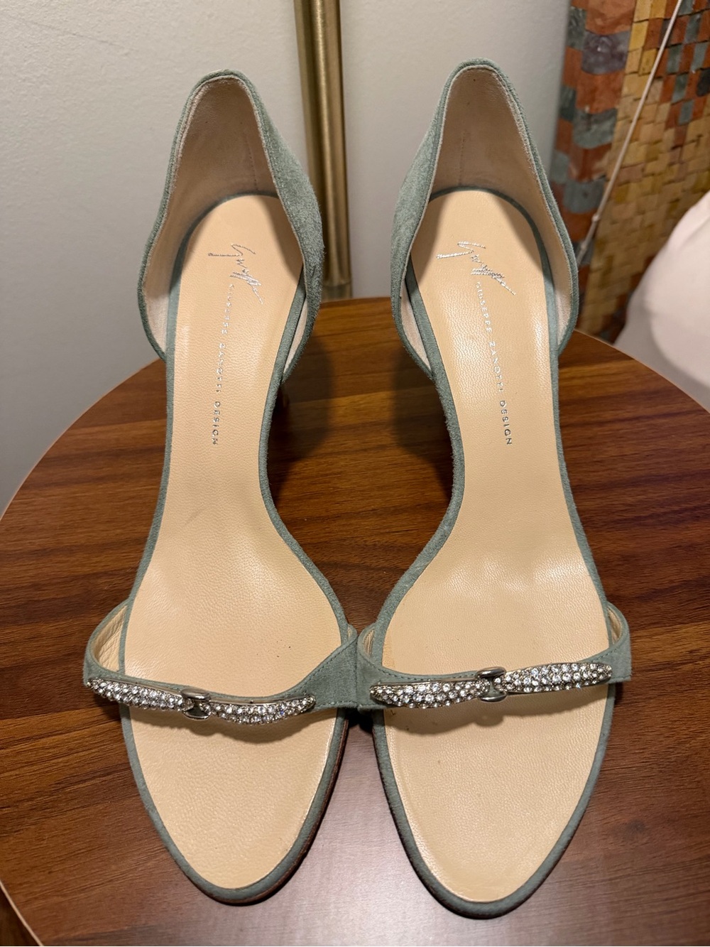 Giuseppe Zanotti Sage Green Suede D'Orsay Heels with Crystal Strap